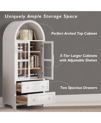 71" Tall Arched Kitchen Pantry Cabinet with 2 Large Drawers, Adjustable Shelves, Glass Door, Wood Versatile Cupboard