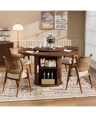 55-Inch Round Dining Table for Six with Double-Tiered Storage Rack and Rotating Top