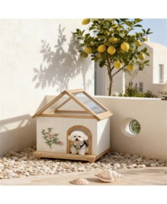 Cat House with Floral Carving for Cats & Small Dogs in Natural