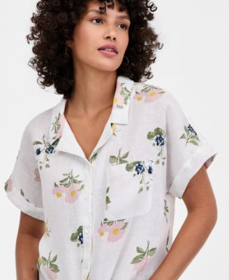 Women's 100% Linen Tie-Front Short-Sleeve Camp Shirt