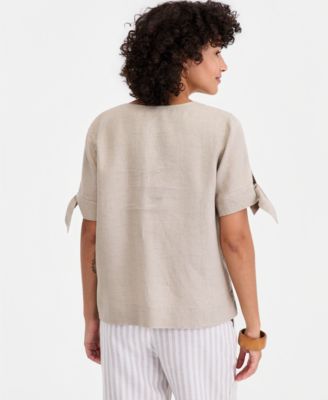 Women's 100% Linen Split-Neck Tie-Cuff Top