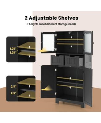 Bathroom Floor Storage Cabinet Kitchen Cupboard with 2 Drawers & Glass Doors