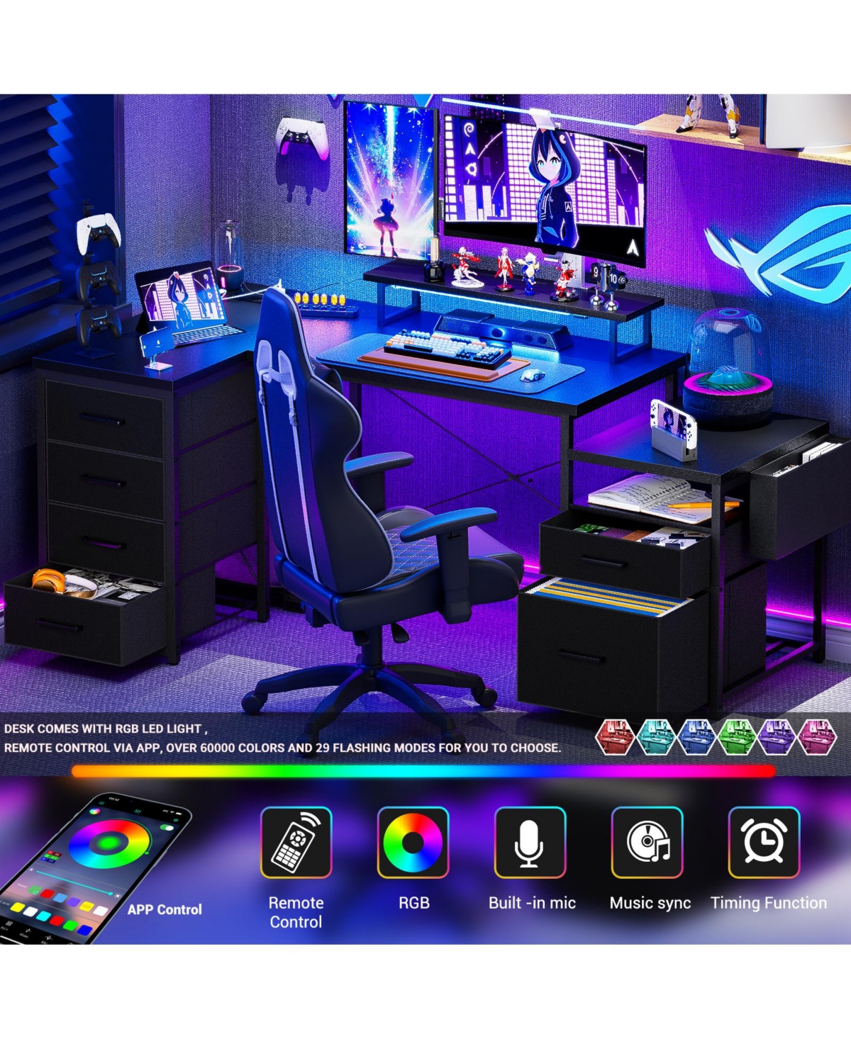 Aheaplus Reversible L Shaped Desk with 6 Drawers, 70.8'' Large Computer Outlets, Monitor Stand & Cpu