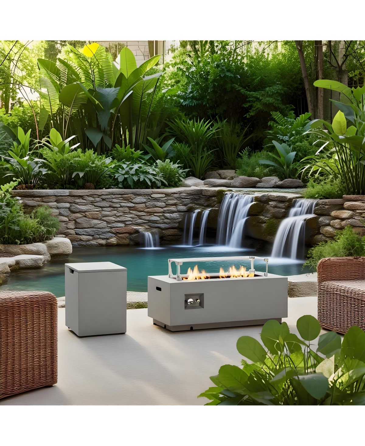 Boyel Living Gray Steel Propane Fire Pit Table with Glass Wind Guard, 42" Outdoor Patio, 50,000 Btu