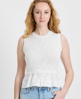 Women's Pascale Round Neck Mixed Media Poplin Top