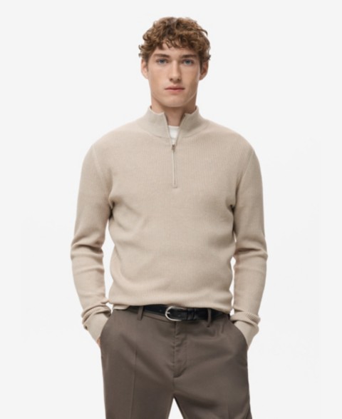 Мужские MANGO Men's Zip Neck Ribbed Sweater