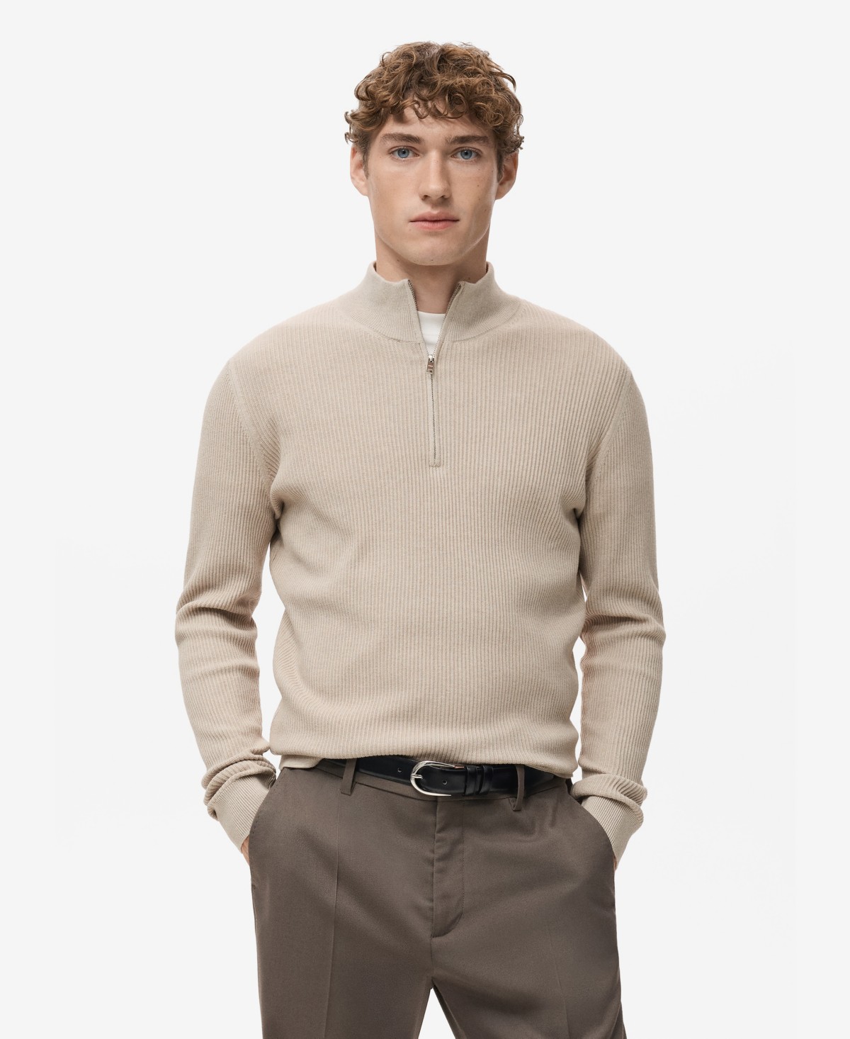 Мужские MANGO Men's Zip Neck Ribbed Sweater — фото 1