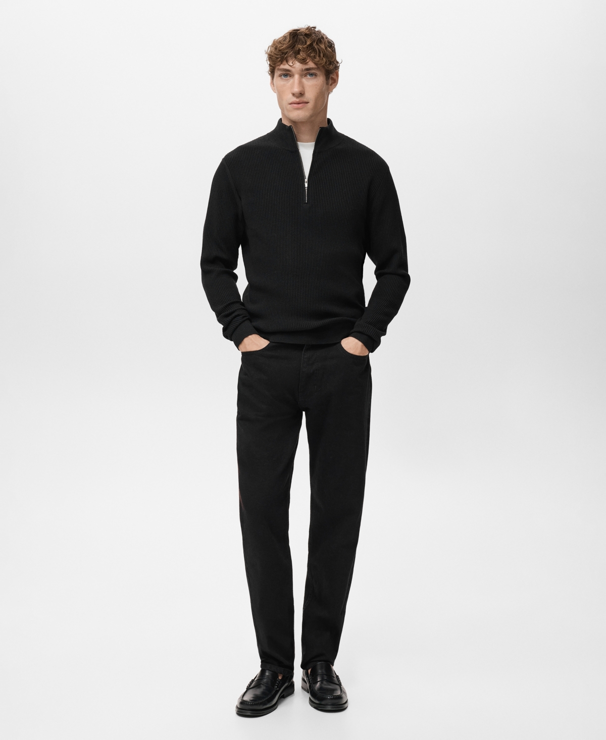 Mango Men's Zip Neck Ribbed Sweater