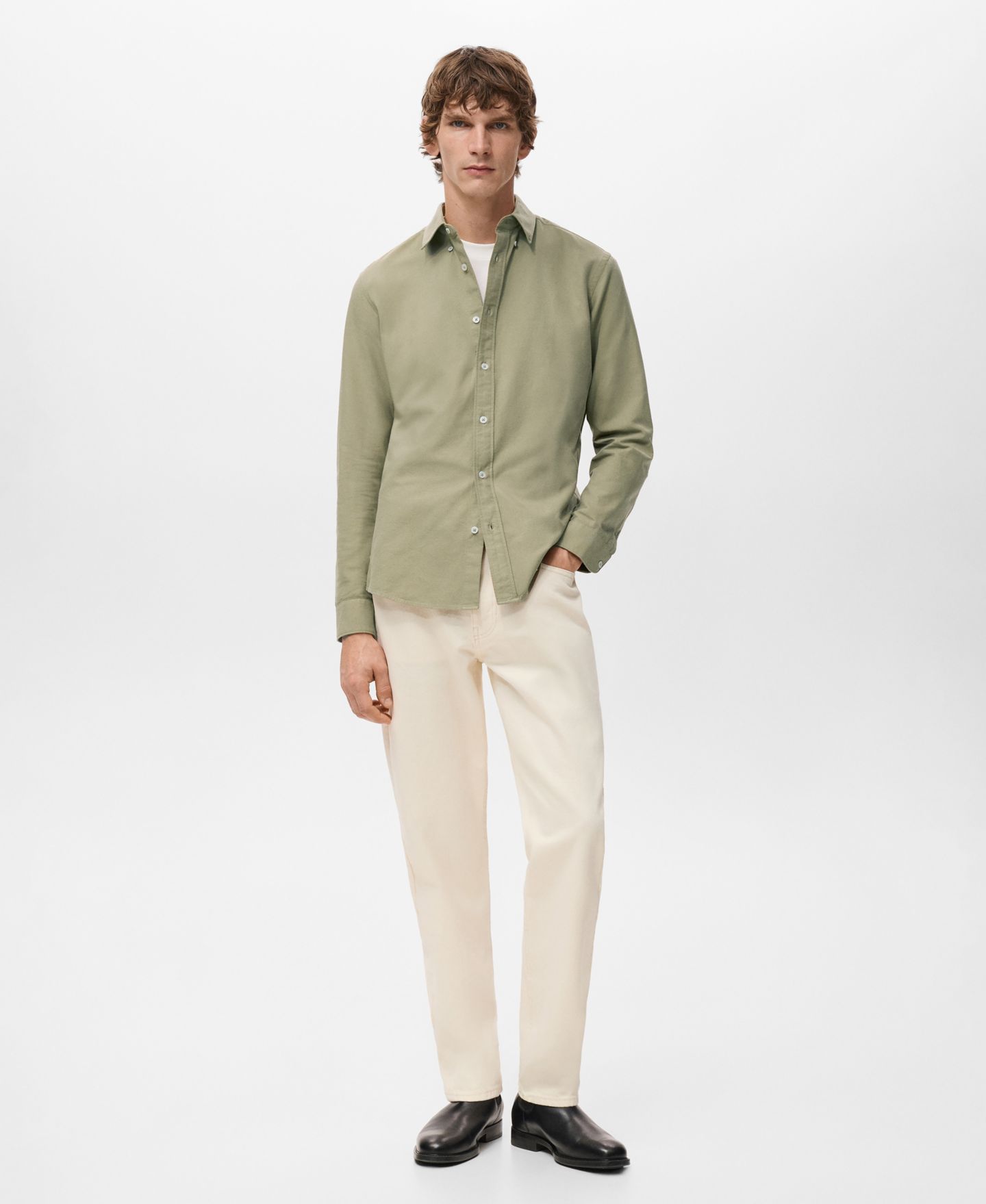Мужская рубашка Mango Cotton Oxford, цвет: Хаки — фото 3