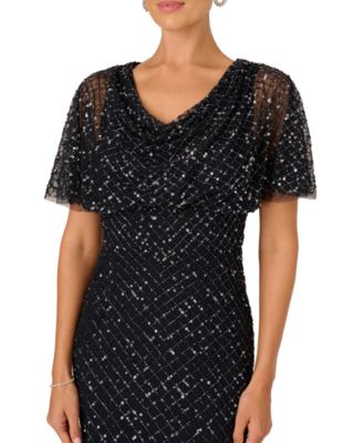 Women's Crew Neck Beaded Cowl Drape Ball Gown