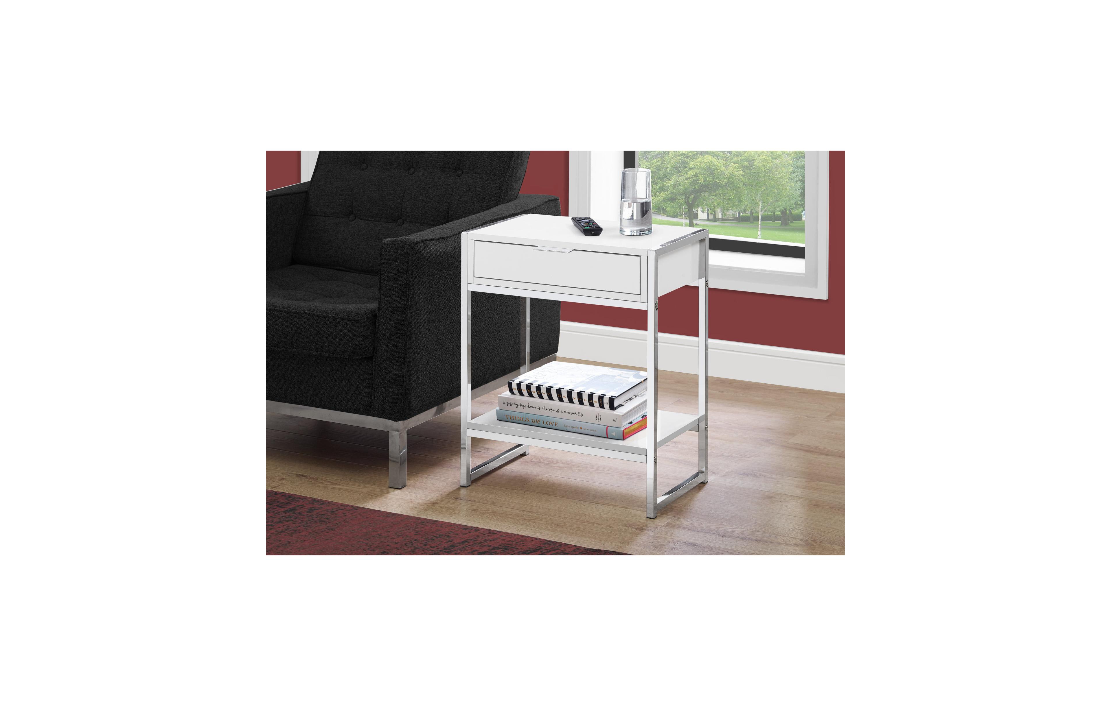 Lovmor Accent Table, Side, End, Nightstand, Lamp, Storage Drawer, Living Room, Bedroom, Glossy White Laminate, Chrome Metal, Contemporary, Modern