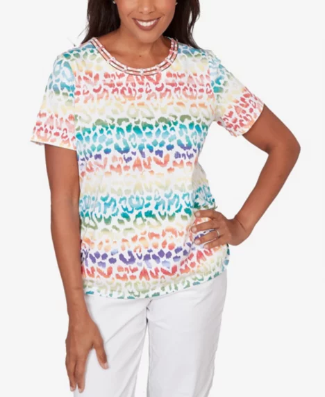 Petite Rainbow Print Beaded Neck Ruched Top - Bright
