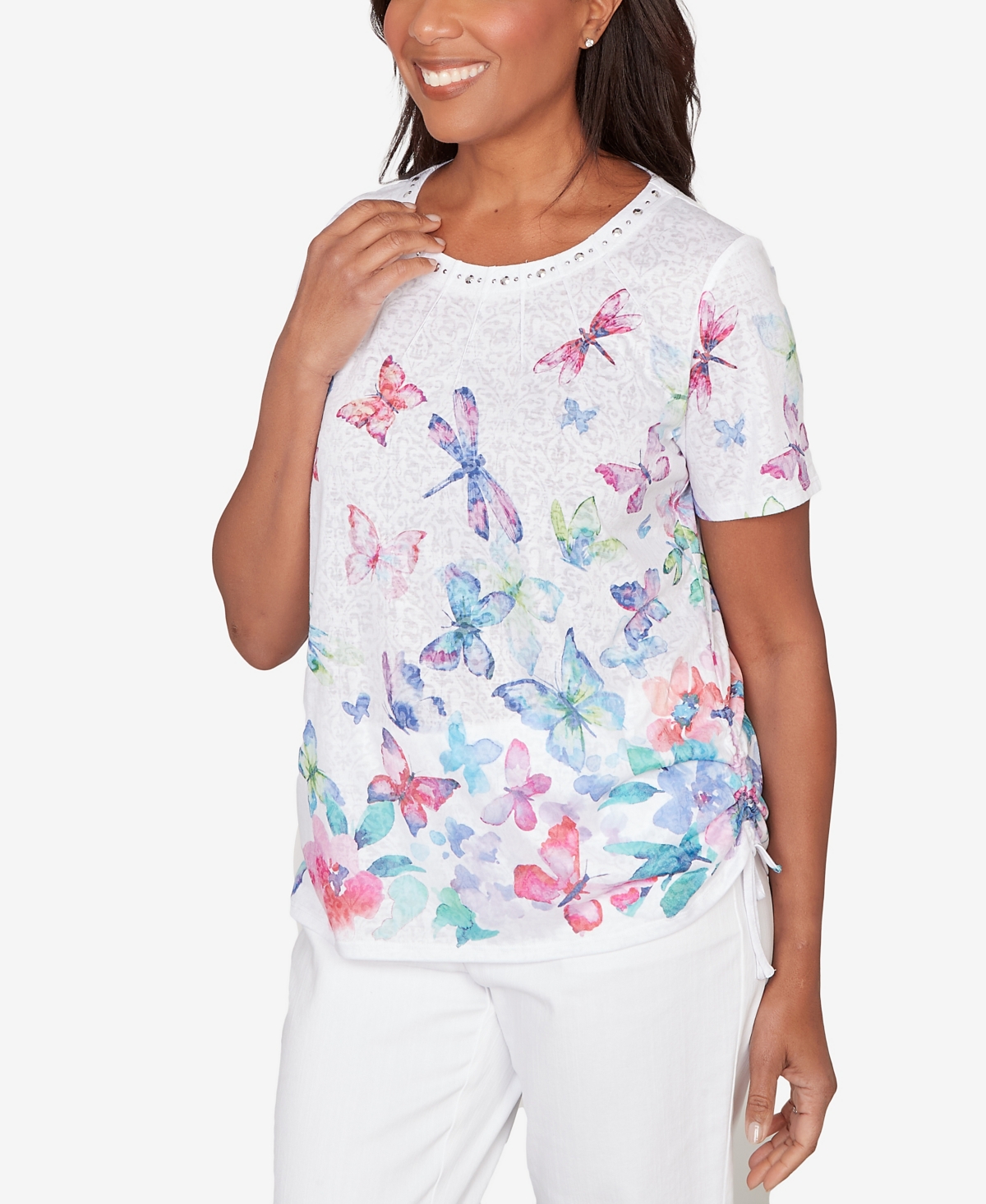 Alfred Dunner Petite Butterfly Beaded Side Tie Ruched Top