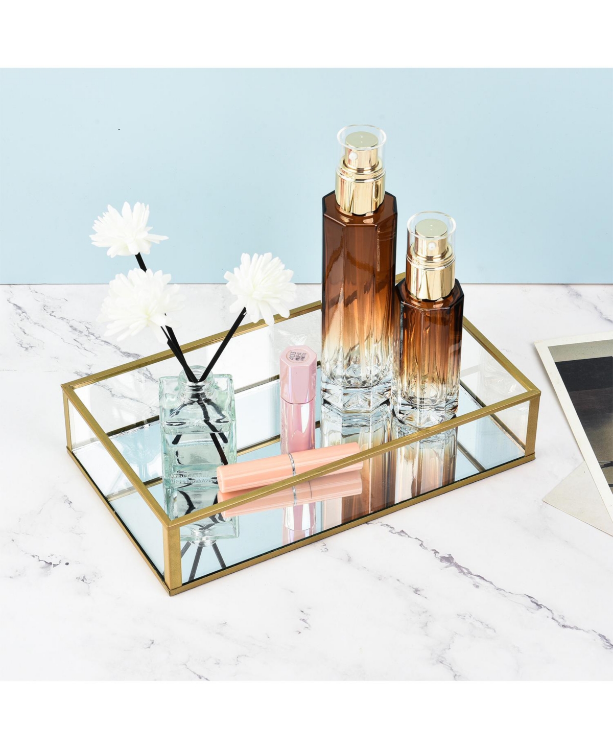 Lauraella 2PC Set, Handcrafted Glass Tray, Decorative Storage Tray for Makeup, Jewelry, Desk, or Bathroom, Clear with Gold