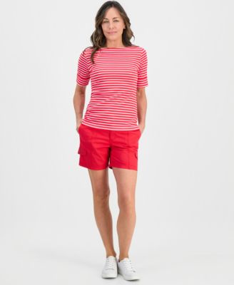 Petite Striped Boat-Neck Elbow-Sleeve Top