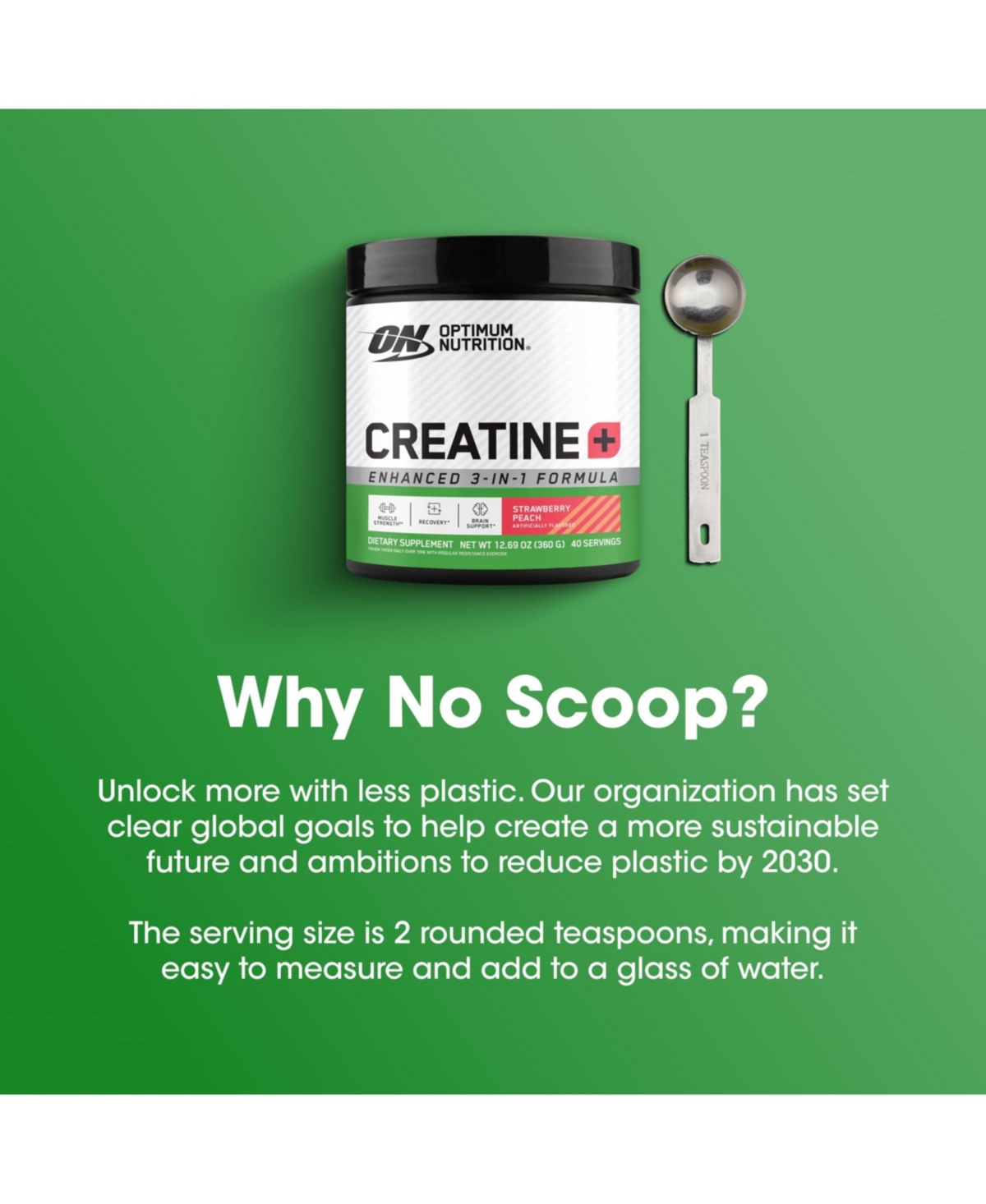 Optimum Nutrition Creatine Monohydrate Plus Powder, Strawberry Peach, 40 Servings