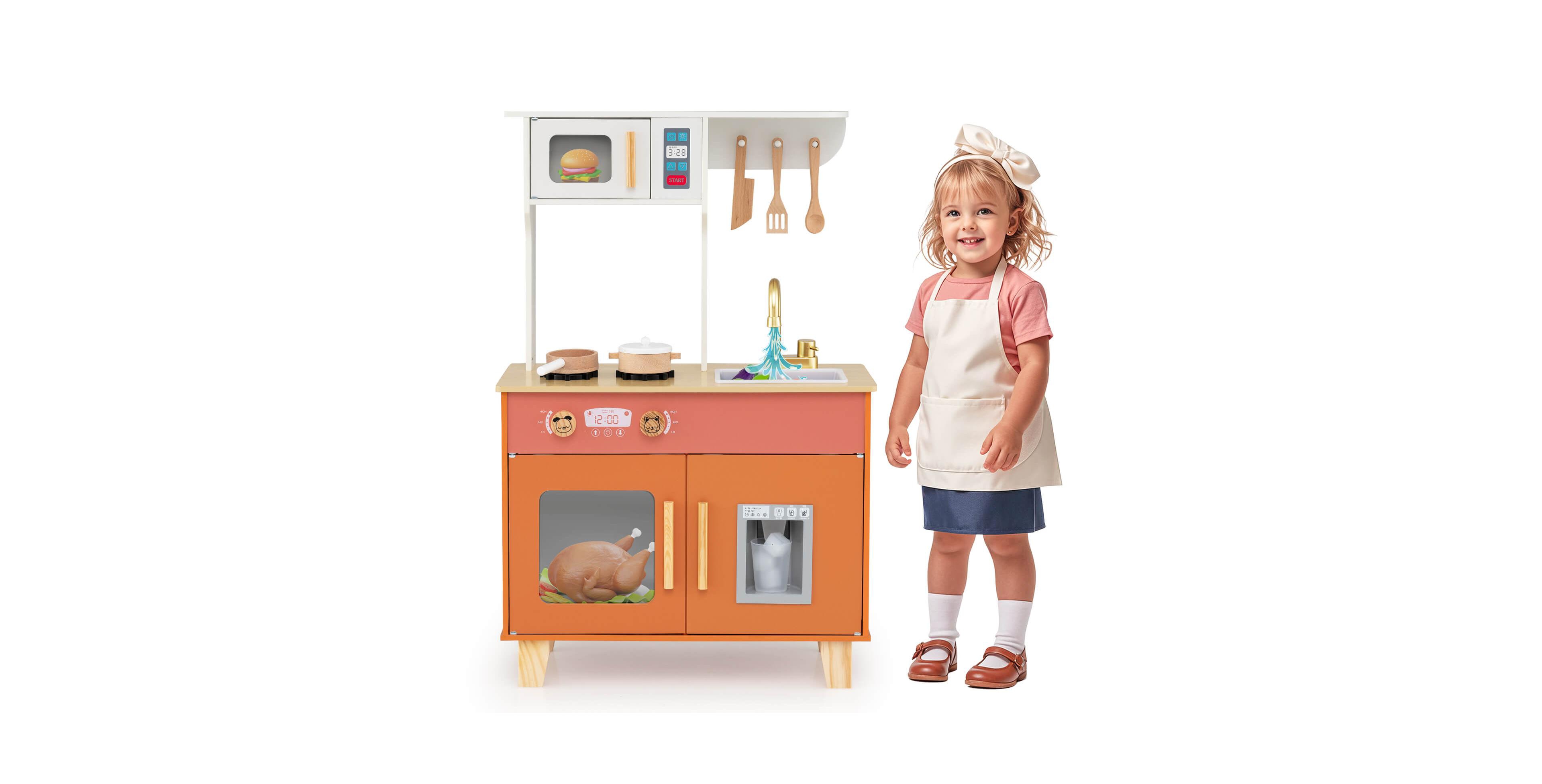 Costway Kid's Play Kitchen with Microwave Stoves Rotation Knobs Ice Dispenser Faucet Sink
