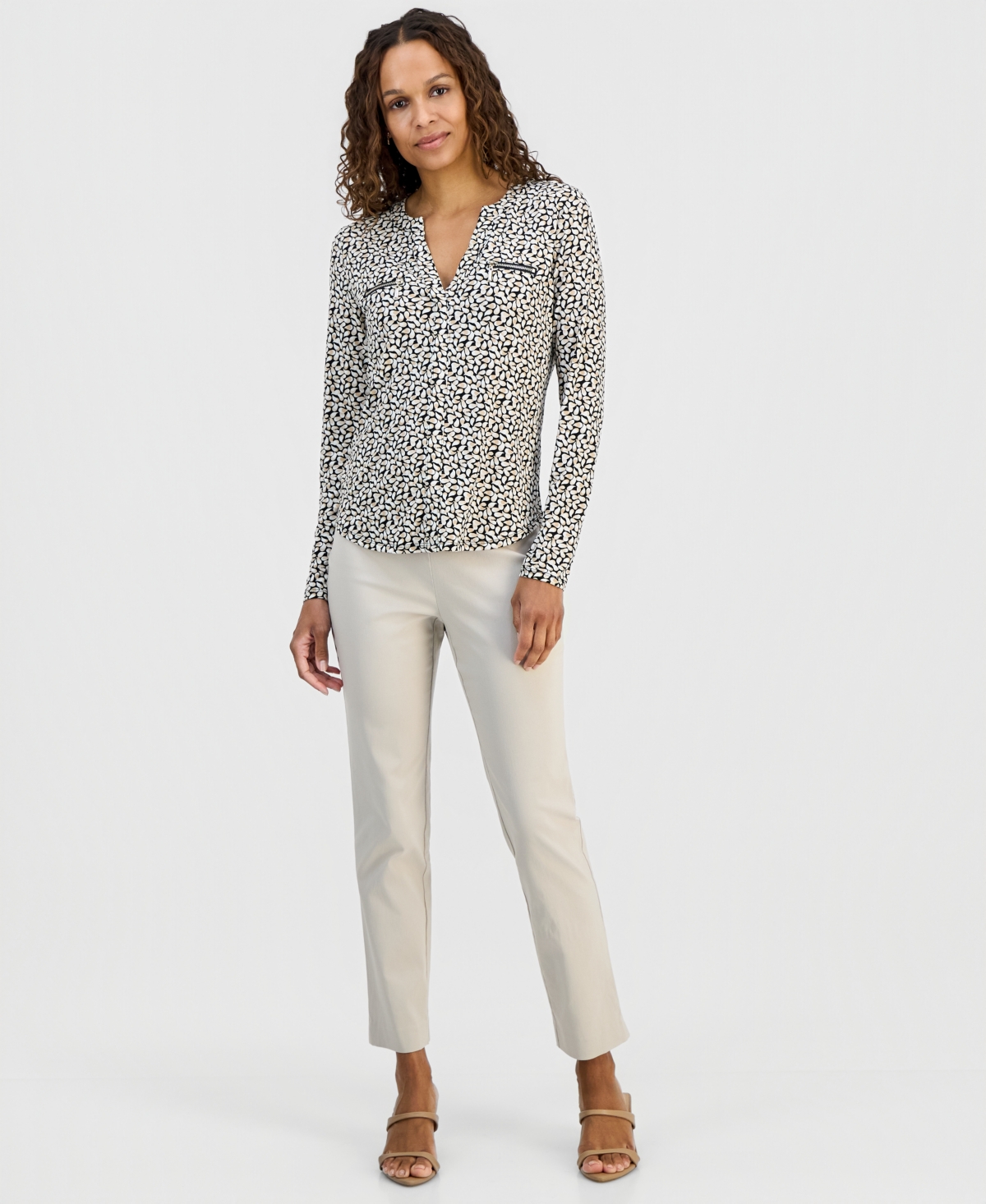 Jm Collection Petite Delicate Paisley Split-Neck Zip-Pocket Top, Macy's Exclusive