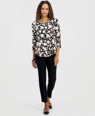 Petite Scoop-Neck Printed 3/4-Sleeve Top