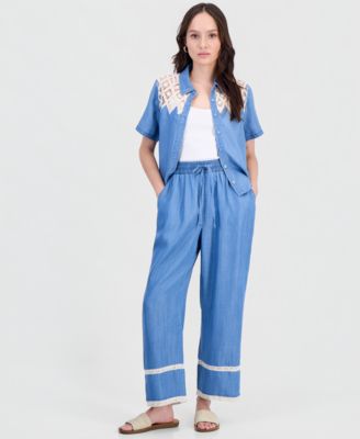 Petite Crochet-Inset Chambray Drawstring Pants