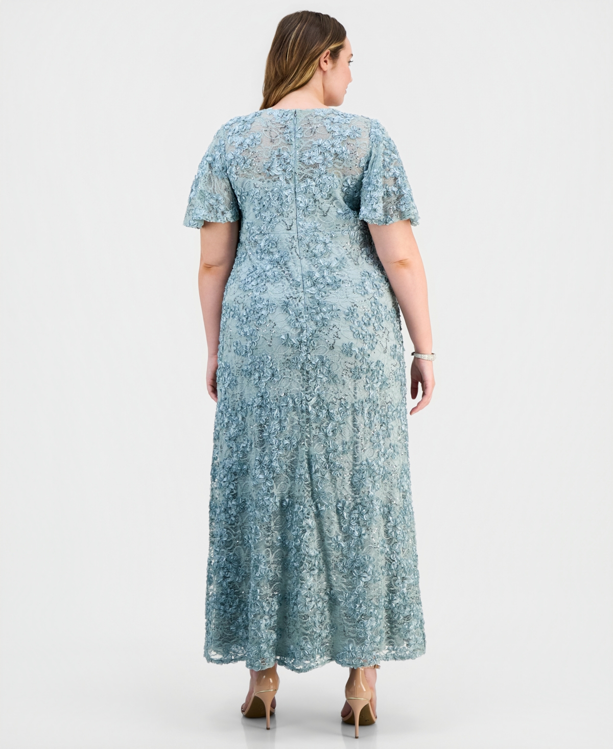 Alex Evenings Plus Lace V-Neck Flutter-Sleeve Gown