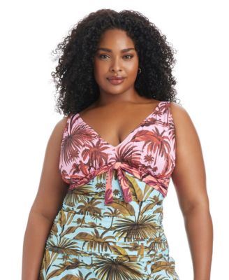 Plus Size White Lotus Halter Tankini Swim Top