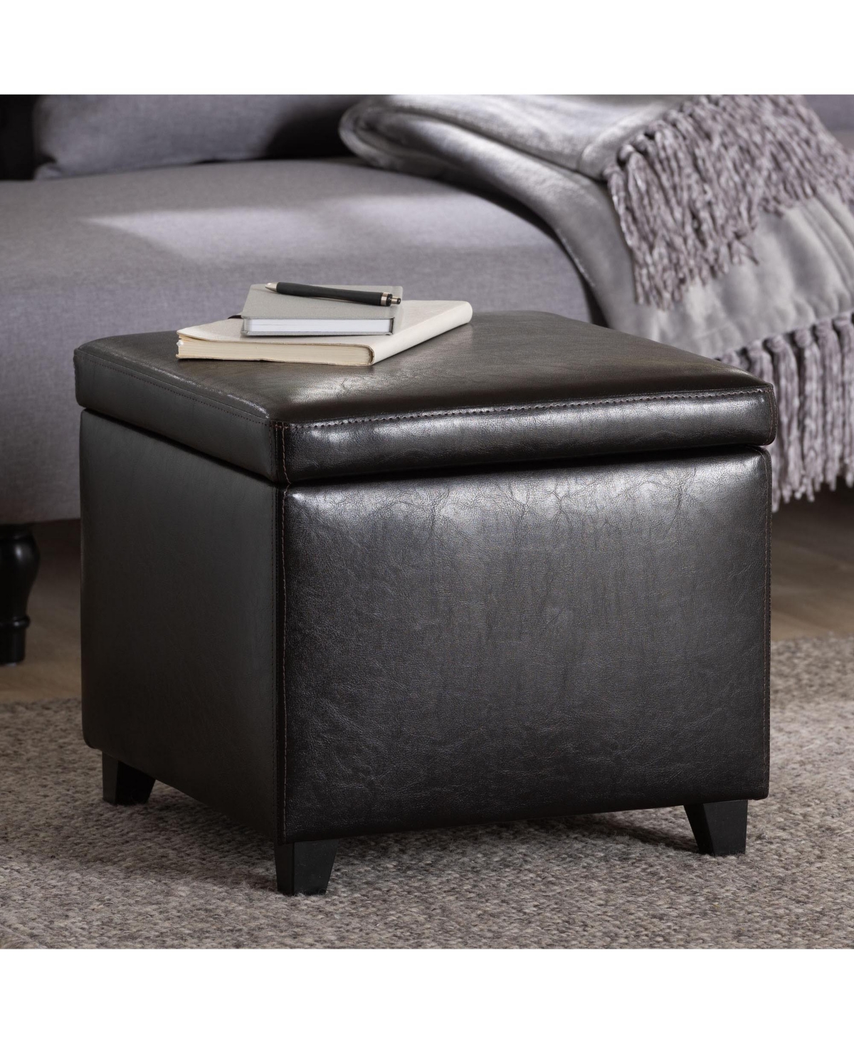 Baxton Studio Dark Brown Full Leather Small Storage Cube Ottoman