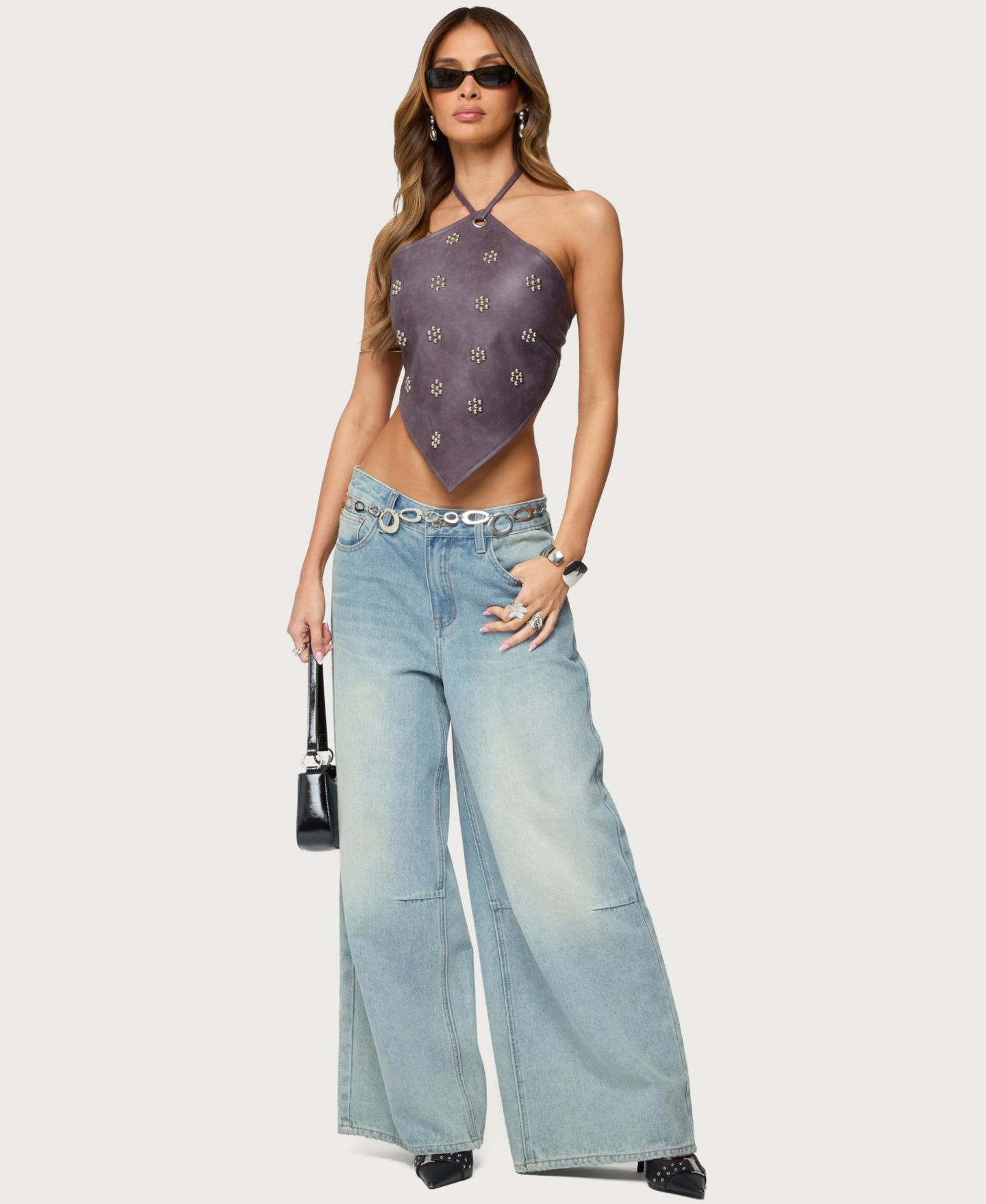 Женский топ Edikted Shila Studded Faux Leather Backless, цвет: Фиолетовый — фото 5