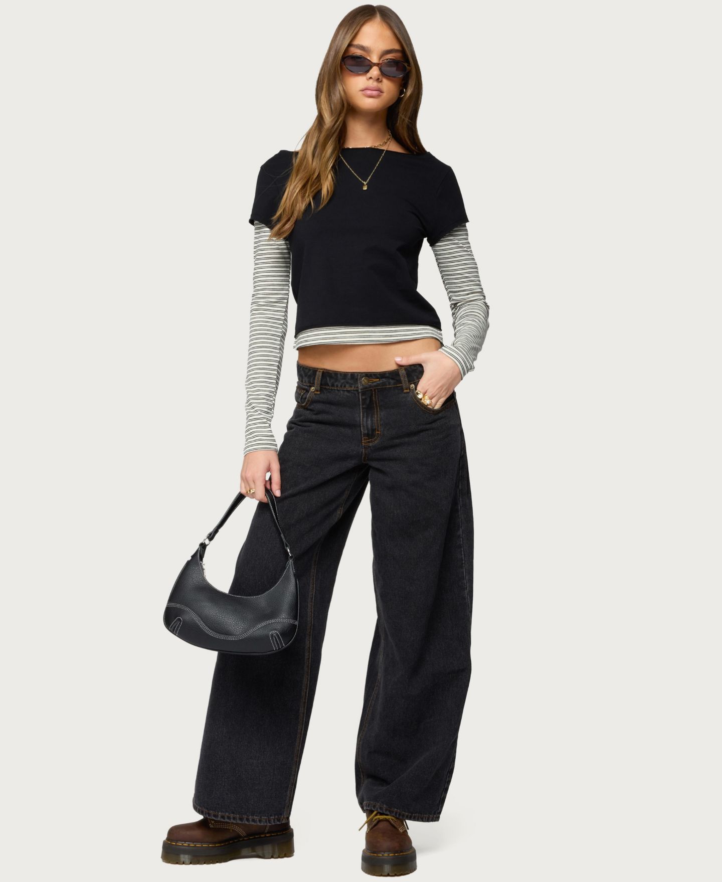 Женская футболка Edikted Layered Stripey Long Sleeve T, цвет: Чёрный — фото 5