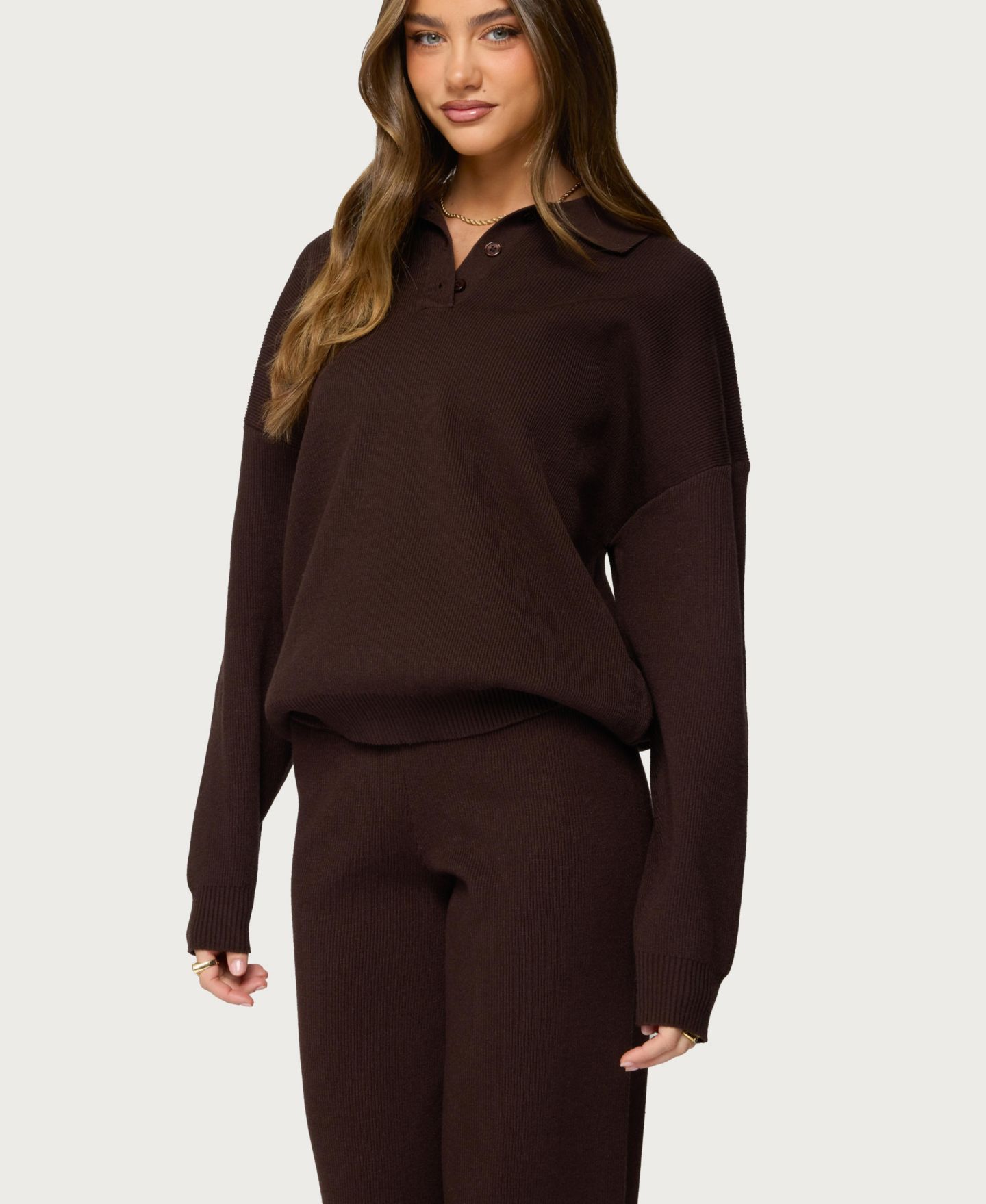 Женский свитер Edikted Lorie Oversized Knit Polo Sweater, цвет: Коричневый — фото 4
