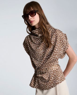 Women's Satin Dot Belted Drape Cowl Neck Top