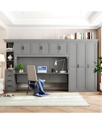 Twin Size Murphy Bed Wall Bed with Wardrobe, Cabinet and Desk