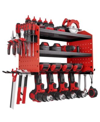 Wall-Mount Power Tool Organizer, 3-Tier Rack w/ 4 Drill Holders & Side Pegboards, Garage/Workshop Storage