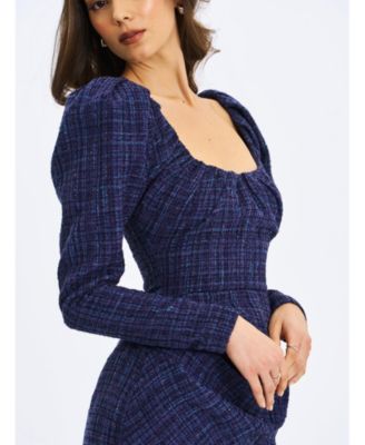 Women's Denise Navy Tweed Ruched Puff Sleeve Mini Dress