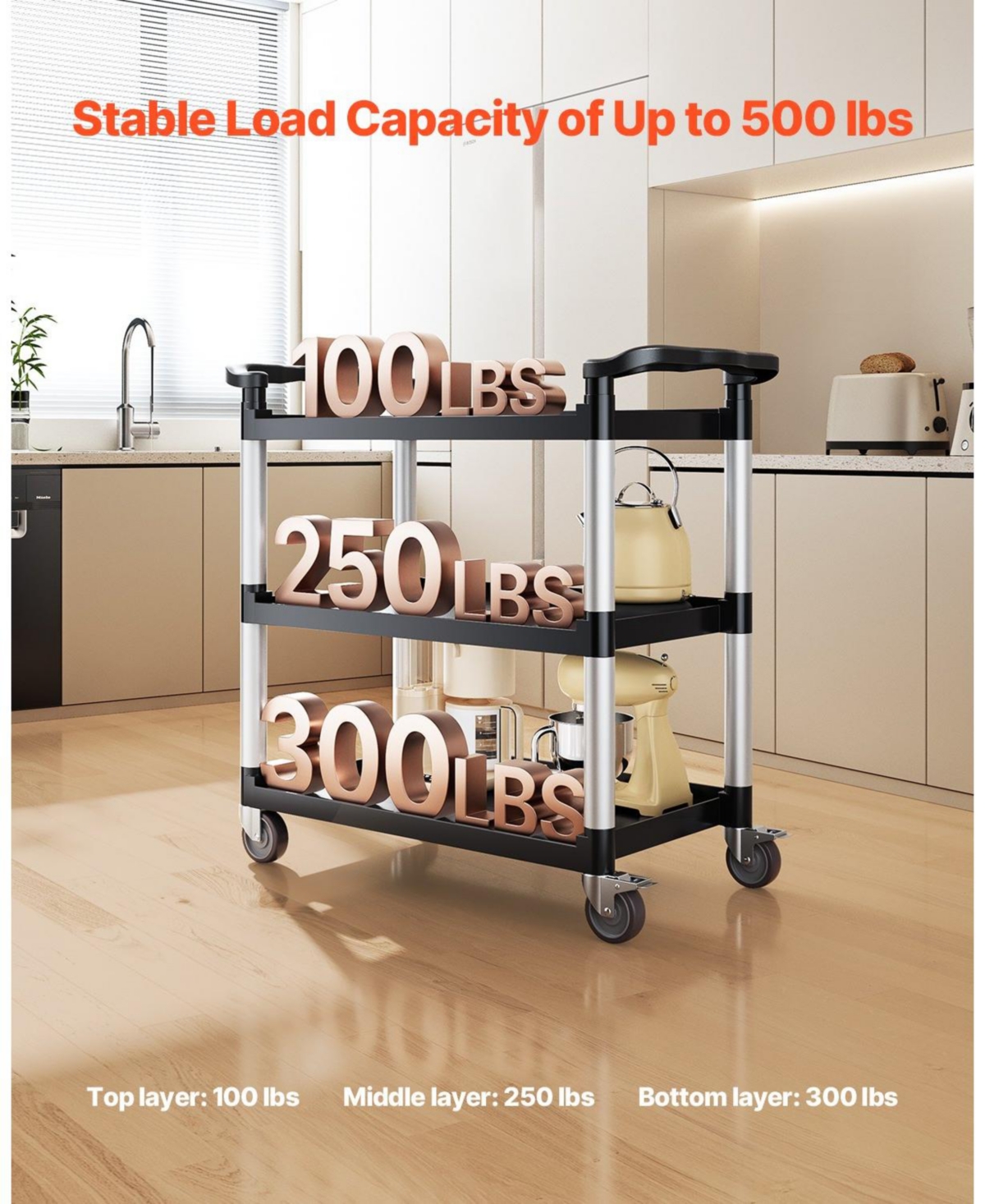Mecale 3-Tier Utility Cart, 500-Lb Capacity, 31.1" x 19.3", Plastic Service Cart w/ Swivel Wheels & Brakes