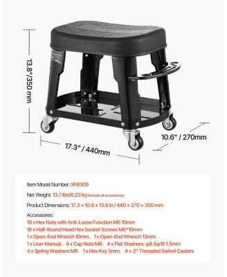 Mechanic Stool, 300lb, Swivel Seat w/ Wheels, Tool Tray & Rack, Black