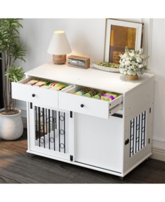  Dog Crate Furniture with Double Drawers and Sliding Barn Door in White