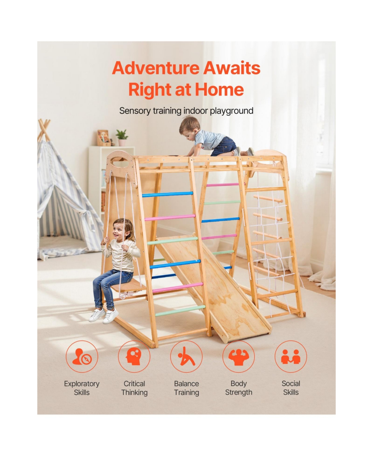 Slickblue Indoor Playground Jungle Gym, 7-in-1 Wooden Indoor Playground for Kids