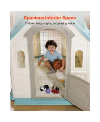 Outdoor Playhouse, 5-In-1 Cottage Play House with Pretend Play, Basketball, Darts, Soccer, Ring Toss