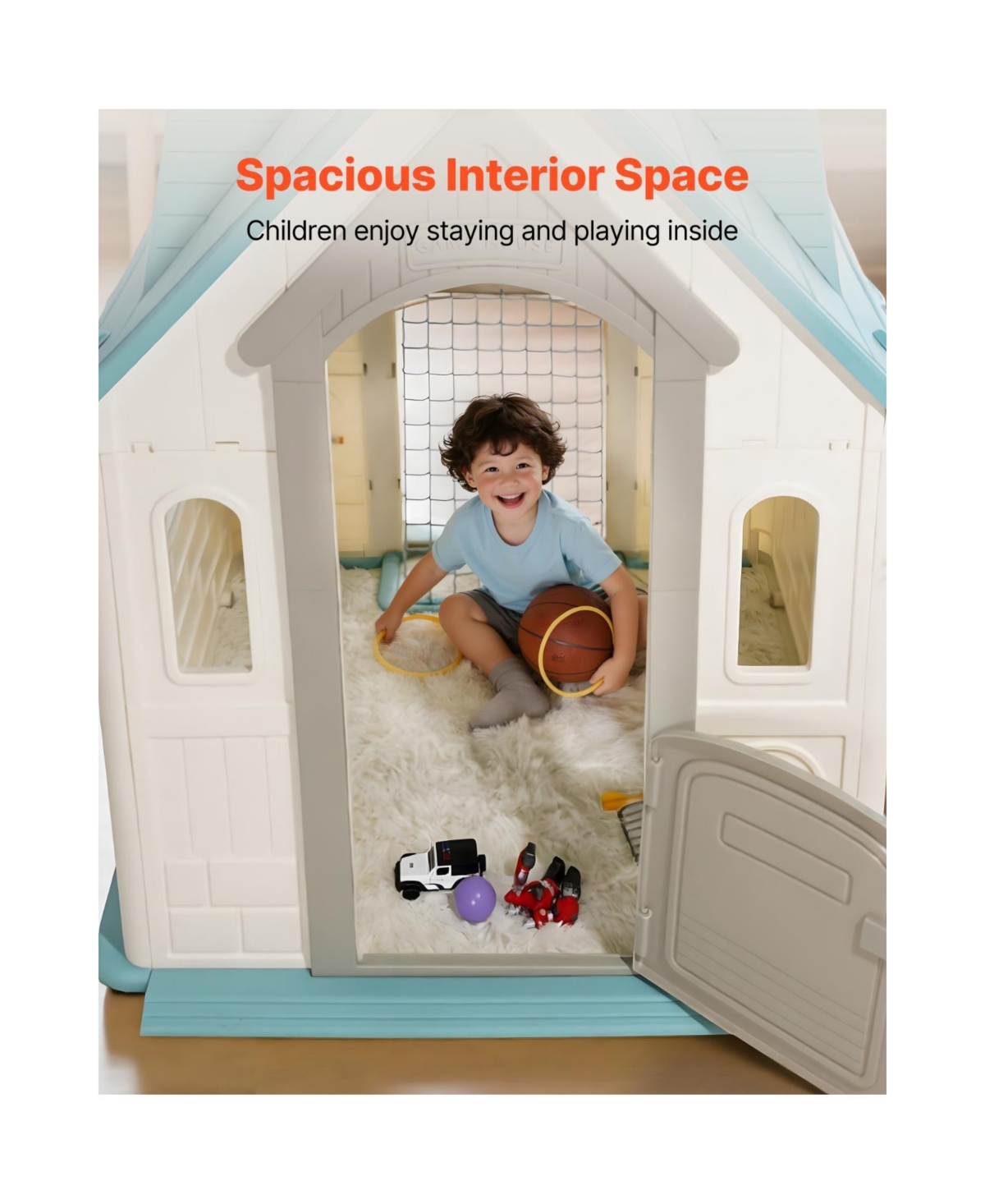 Slickblue Outdoor Playhouse, 5-In-1 Cottage Play House with Pretend Play, Basketball, Darts, Soccer, Ring Toss
