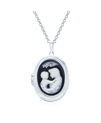 Victorian Style Blue Black White Loving Family Mother Child Cameo Locket Pendant Necklace Sterling Silver