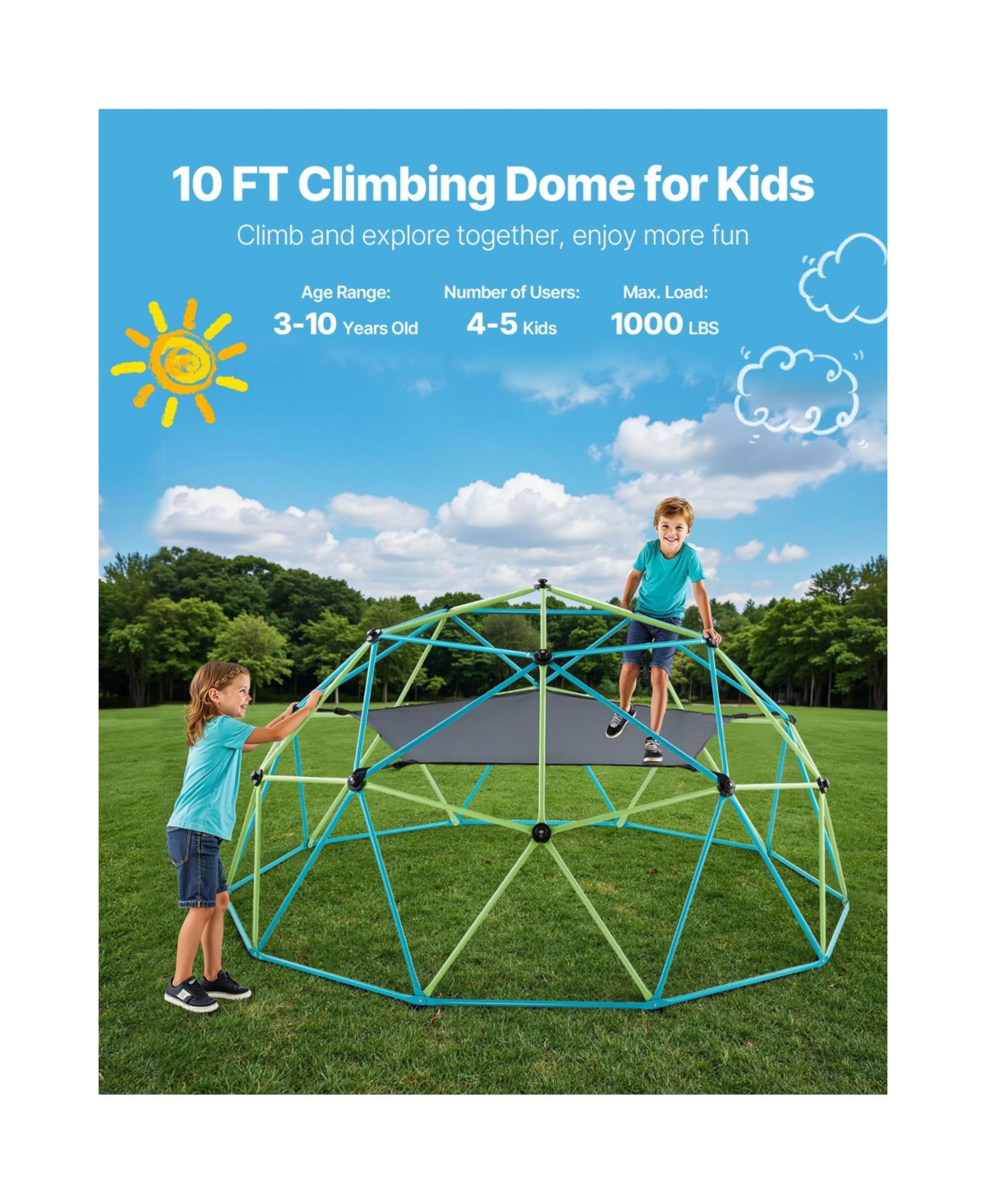 Slickblue Climbing Dome, 10FT Geometric Dome Climber with Swing & Hammock