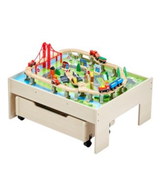 Kids Train Table with 100-Piece Wooden Set and Storage Drawer