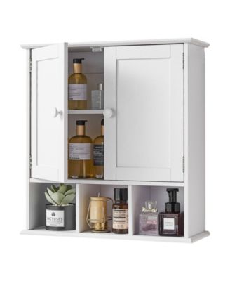 Bathroom Wall Cabinet, 2 Doors, Adjustable Shelf, Wall-Mounted Over-Toilet Storage w/ Open Shelves, White