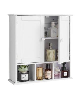 Bathroom Wall Cabinet, 2 Doors, Adjustable Shelf, Wall-Mounted Over-Toilet Storage w/ Open Shelves, White
