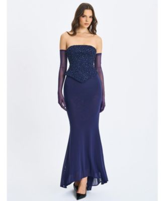 Women's Orabelle Navy Beaded Peplum Mermaid Gown with Lace-up Back