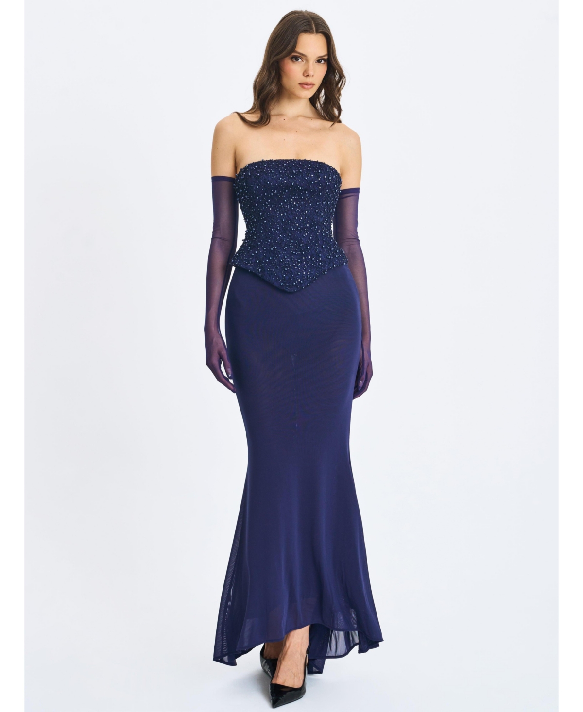 Miss Circle Women's Orabelle Navy Beaded Peplum Mermaid Gown with Lace-up Back