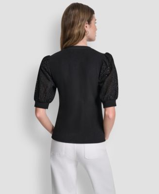 Petite Rib Body Eyelet V-Neck Top
