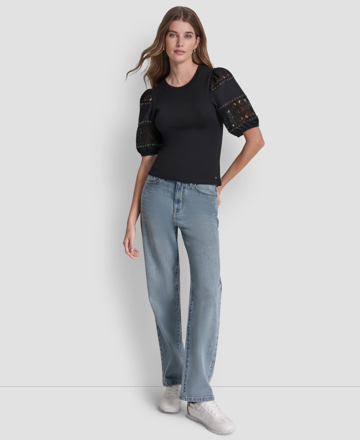 Dkny Jeans Petite Crewneck Lace Eyelet Top