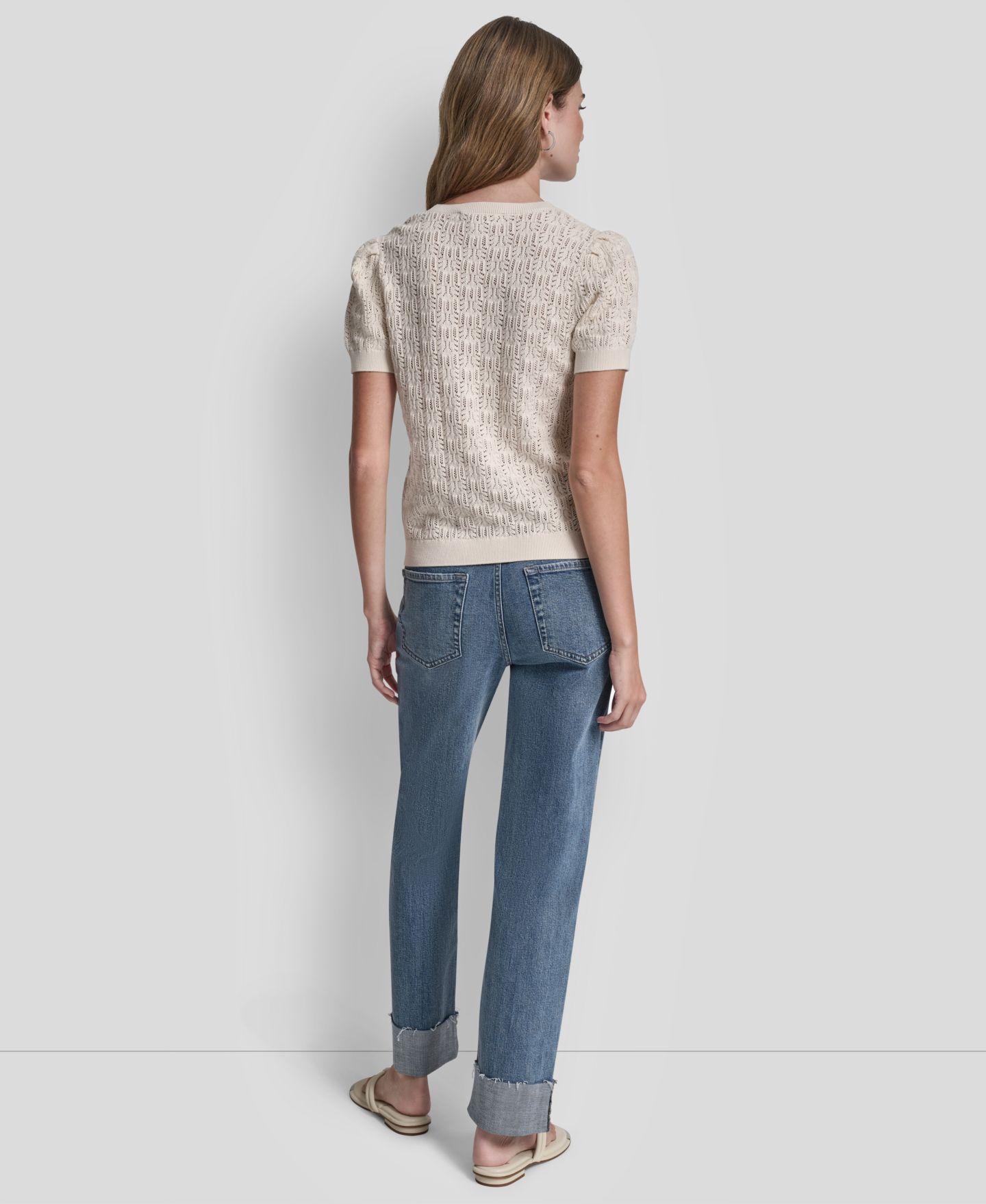 Женский свитер DKNY Jeans Petite Short Sleeve Crew Neck Lace Pointelle, цвет: Сливочный — фото 6